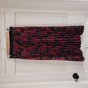 DR2 Floral Pleated Multicolor Vibrant Bold Satiny Elastic Waist Midi Skirt